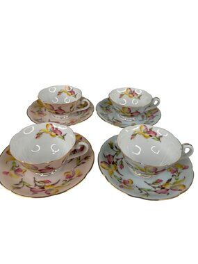 Japanese Jyoto China Floral Tea Cup & Saucer Set Porcelain 4-Piece Pastel Vtg